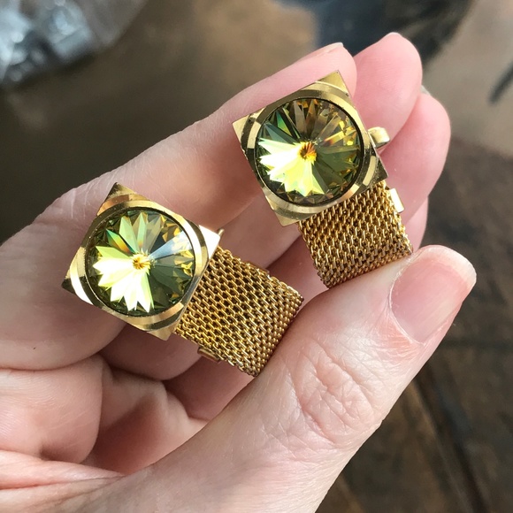 Mens Gold GQ Cufflinks 1960s RARE Austrian Crystal - Picture 1 of 7